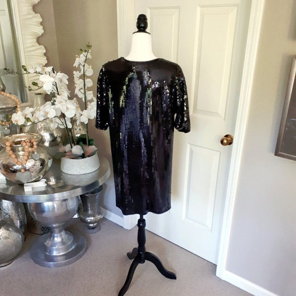 NWT Moschino TRICK OR CHIC black & gold sequin mini holiday dress - Picture 11 of 11